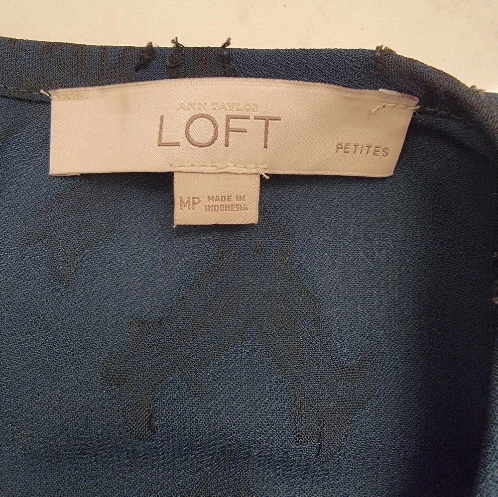 ANN TAYLOR LOFT Teal Blue Patterned Balloon Longsleeve Shirt Medium Petites - Picture 7 of 9